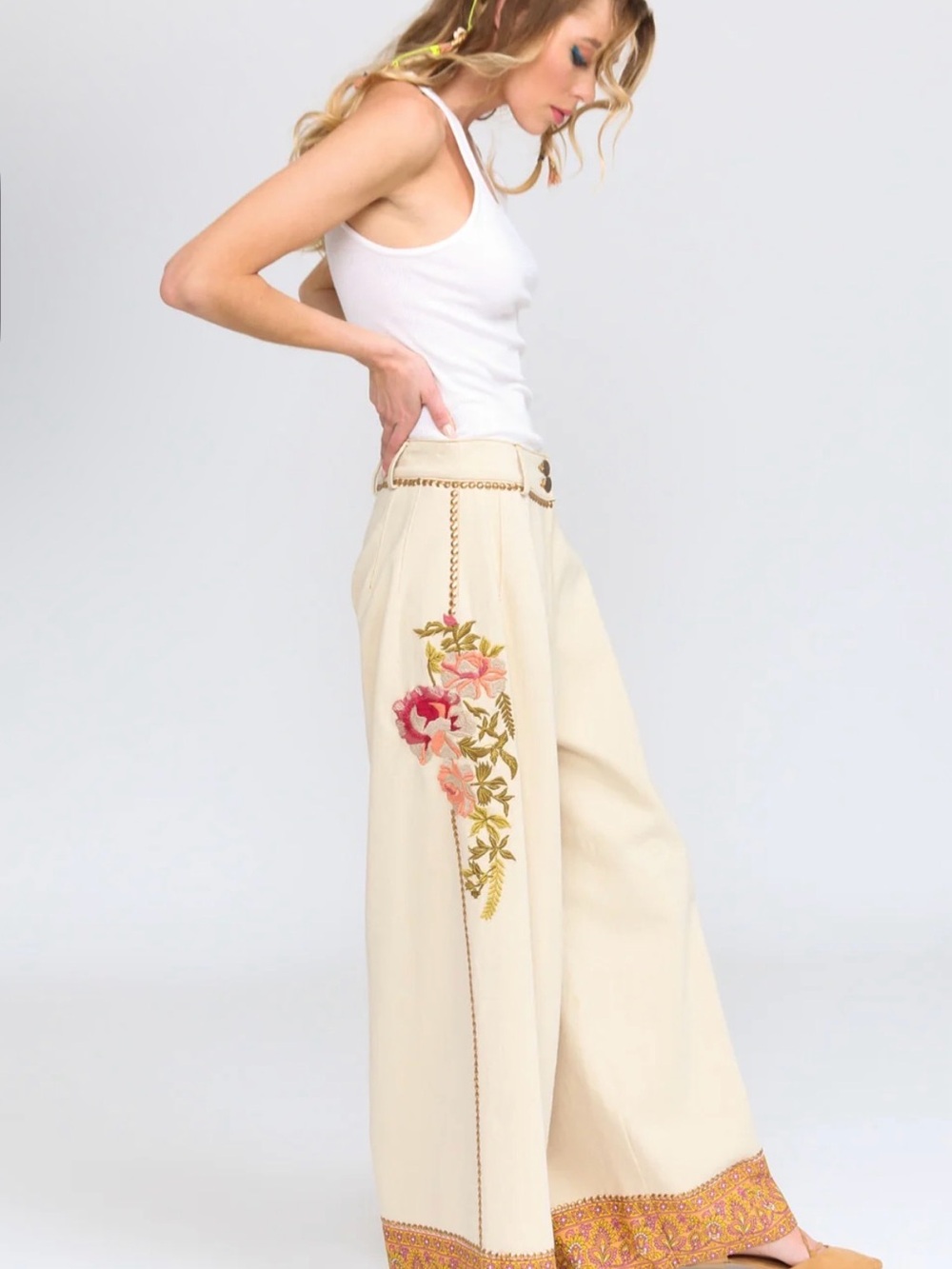 Time To Shine Embroidered Cream Wide-Leg Pants with Floral Trim by Aratta, NWT - Picture 4 of 7